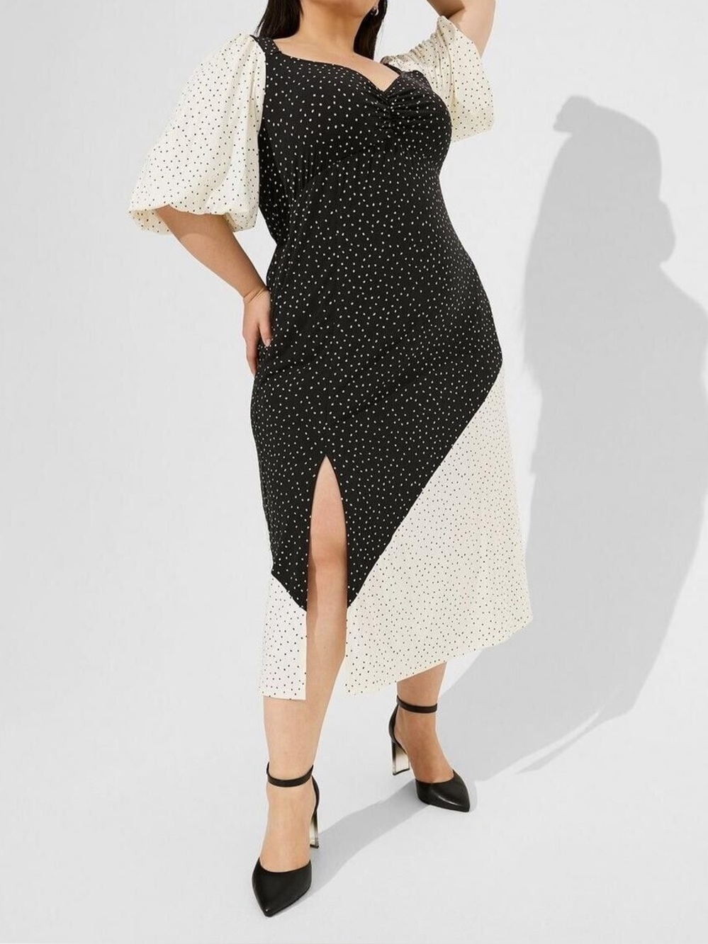 Torrid 3X Studio Knit Polka Dot Maxi Dress Black White Puff Sleeve EUC